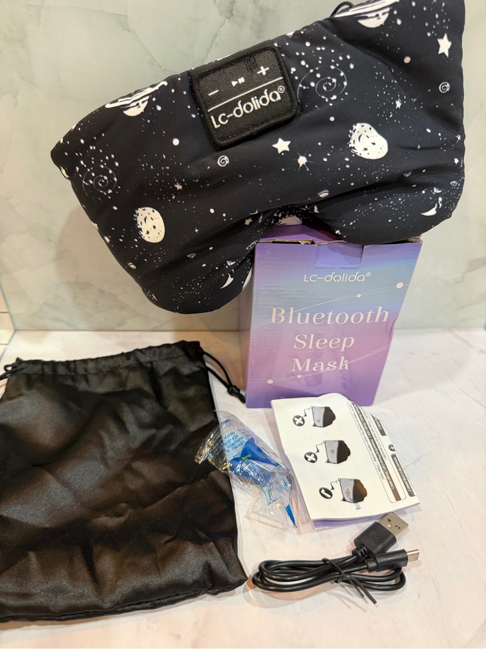 LC-dolida Bluetooth Sleep Mask with Headphones – Galaxy Print + Travel Bag